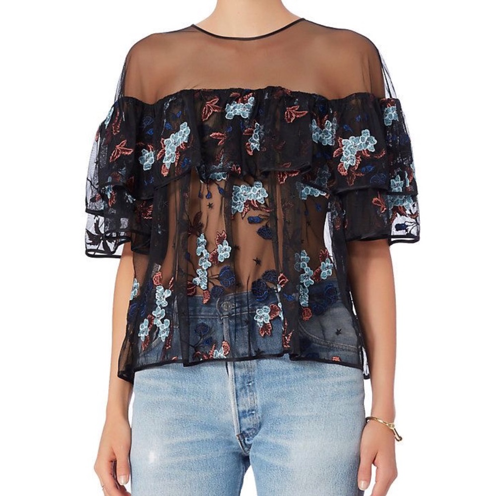 Cinq a Sept Korus Floral Ruffle Sheer Top XS - Picture 10 of 10